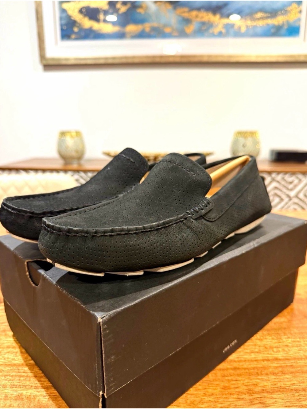 UGG Henrick Stripe Perforated Suede Slip-on Loafer Black Size 7M BNIB